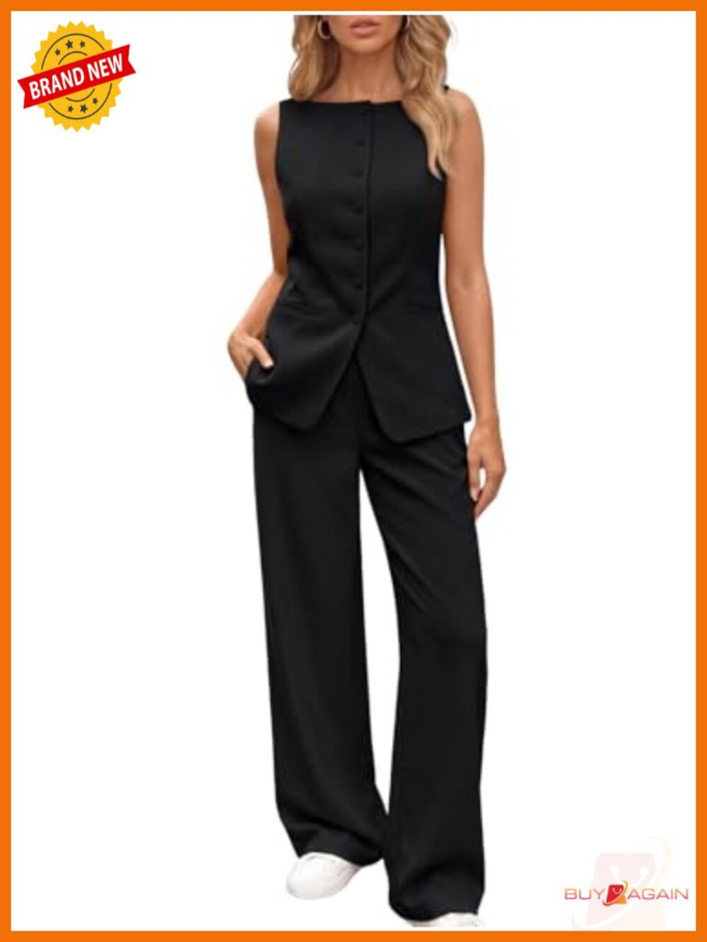 Sleeveless Button Down Vest & Wide Leg Pants Set - Polyester 2 Piece Business